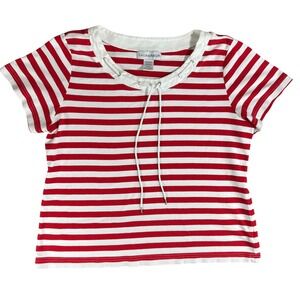 Sag Harbor Womens XL Striped Top Red White Short Sleeve Lace Up